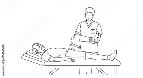 Caring physical therapist assisting senior man with leg exercises on massage table, promoting wellness and recovery through rehabilitation therapy