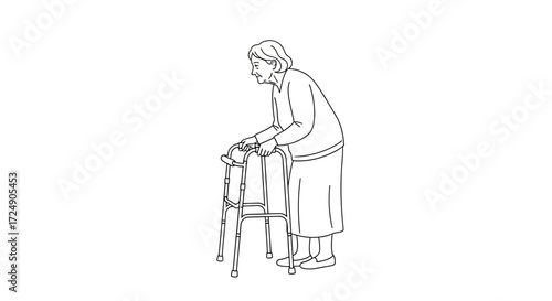 Elegant line art illustration of senior woman using walker, perfect for healthcare campaigns or promoting mobility and independence in later life