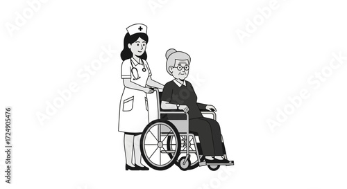 Caring nurse assisting elderly woman in wheelchair offers comfort and support during healthcare visit promoting wellness and compassionate care