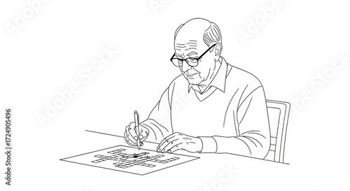 Senior man enjoys stimulating crossword puzzle challenge to keep his mind sharp and active in retirement with pen in hand in a line art drawing