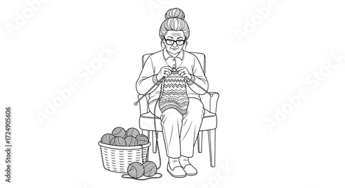 Grandmother happily knitting a cozy sweater with a basket of colorful yarn, perfect for heartwarming projects and designs about family warmth and comfort