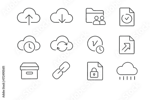 Cloud storage and file management icon set with synchronization and security