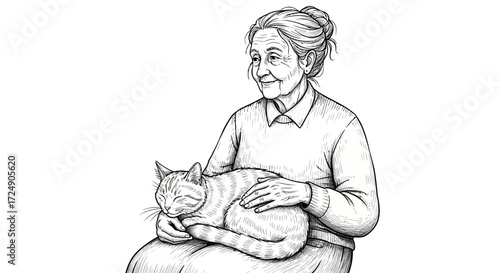 Elderly woman lovingly embraces her sleepy tabby cat in a heartwarming illustration that evokes feelings of comfort, companionship, and quiet joy