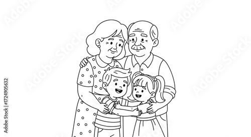Grandparents lovingly hugging grandchildren in sweet family moment, perfect for coloring books, educational materials, and celebrating intergenerational bonds