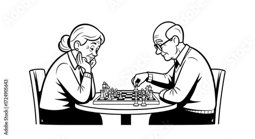 Engaging line art of senior couple immersed in a strategic chess match, perfect for conveying intellect, leisure, and friendly competition for editorial use