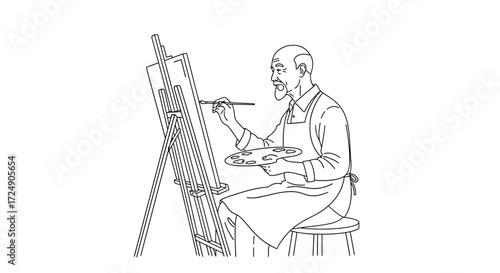 Creative artist painting on canvas with professional tools in a bright studio, capturing the joy and passion of artistic expression using a brush and palette
