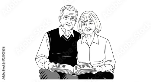 Elderly couple smiles while looking through a cherished photo album, reminiscing about beautiful memories and a life well lived together, a heartwarming illustration