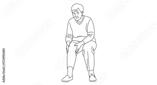 Senior man experiencing knee pain, a common health concern for aging adults, portrayed in a simple, line-art style for clarity and medical contexts