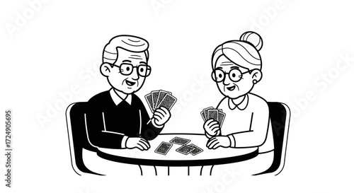 Delightful senior couple enjoys friendly card game, sharing laughter and connection during relaxing retirement activity together for lifestyle concepts