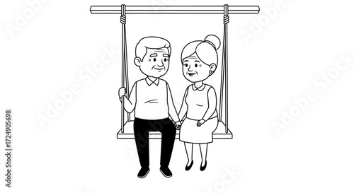 Sweet senior couple enjoying retirement together swinging gently holding hands, celebrating love and companionship in their golden years, promoting happiness