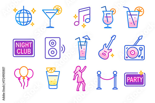 Colorful party icons: drinks, music, and dance party elements