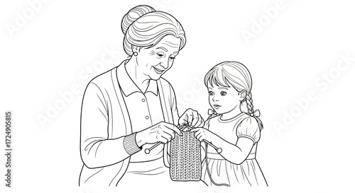 Grandmother teaches her granddaughter knitting skills in a charming black and white line art design for cozy family moments and intergenerational connections