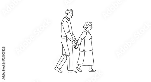 Senior couple walking hand in hand symbolizes enduring love and companionship in a minimal line art style perfect for heartwarming designs