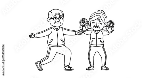 Active seniors enjoying a fun fitness class together, staying healthy and happy with hand weights and stretching in a line art design