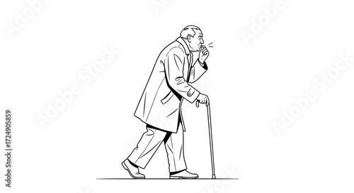 Worried elder man walking slowly with cane, a poignant visual for aging, vulnerability, and the challenges of health and mobility in senior years