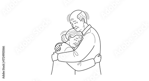 Touching moment of love as elderly couple embrace tightly, sharing a heartfelt connection and offering comfort in a clean, modern design