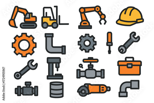Industrial tools and equipment icons including excavator, crane, hard hat, and wrench