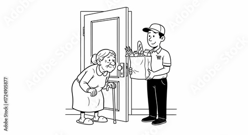 Caring grocery delivery driver helps elderly woman at her door with groceries, offering convenience and support for a happy, independent lifestyle
