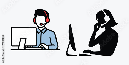 Customer service representatives working at desks with headsets on computers