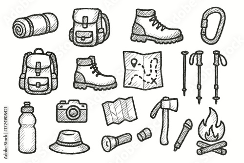 Sketch of hiking gear essentials including boots and maps