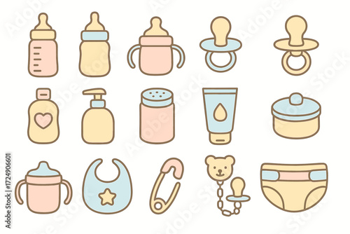 Pastel baby essentials collection: bottles, pacifiers, bibs, and more