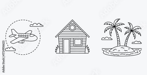Dream vacation line art vector illustration of airplane house and island