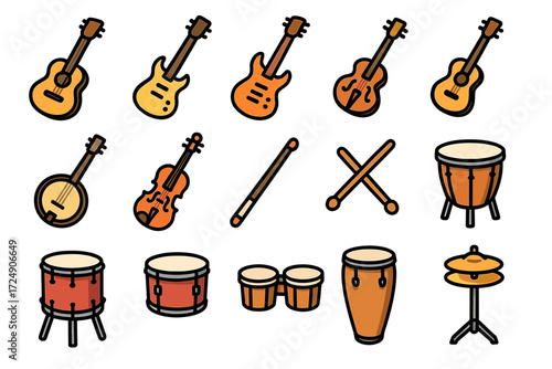 Collection of cartoon musical instruments: guitar, violin, drums, bongo, banjo, cymbals
