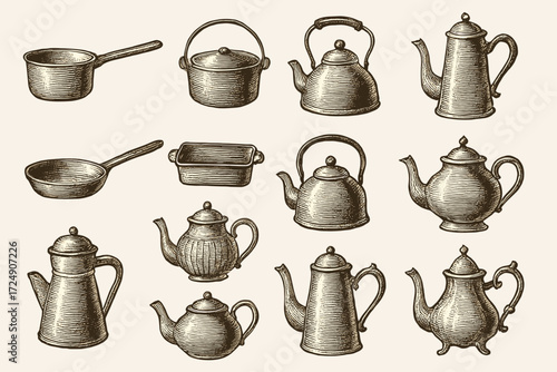 Vintage hand-drawn kitchenware collection: teapots and pots