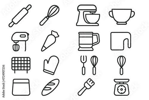 Black line kitchen utensils set: mixer, whisk, cutting board, oven mitt, and more