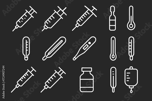 Medical icons: syringe, thermometer, vial, and iv bag line art on black background