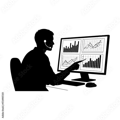 Remote Data Analyst Silhouette Interpreting Graphs Large Monitor Digital Intelligence