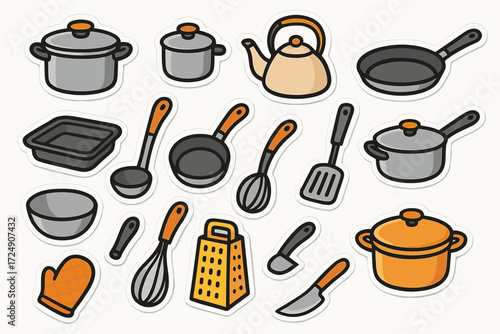 Collection of cartoon kitchen utensils and cookware with colorful designs