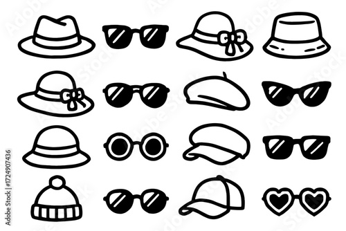 Collection of stylish hats and sunglasses icons in black and white