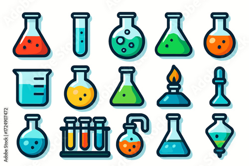 Colorful science lab equipment icons - beakers, flasks, test tubes, and more