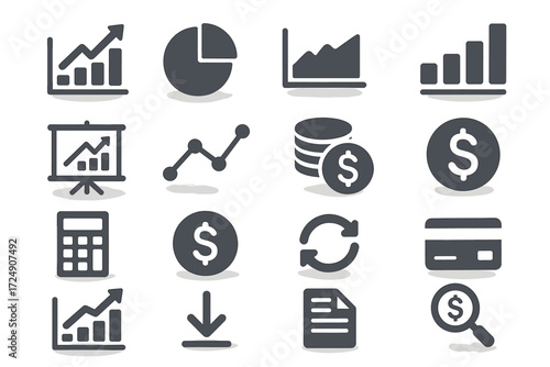 Set of financial icons including graphs, charts, currency symbols, calculator, and data analytics