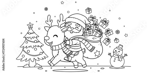 Black and white cartoon illustration of a man and a dog in a winter fairy tale drawing