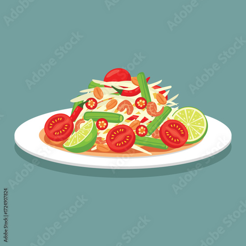 vector flat color of Som Tum spicy Thai green papaya salad with tomatoes, green beans, peanuts, shrimp, lime wedge