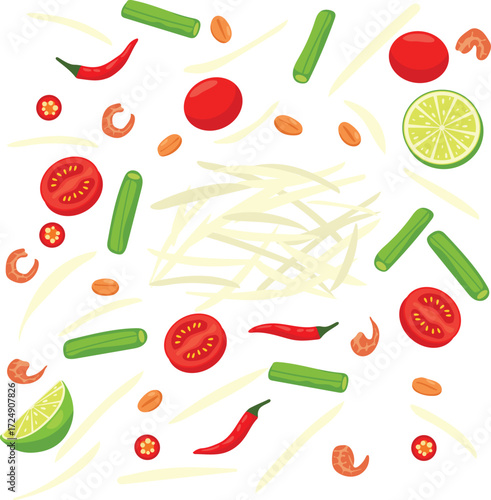 vector flat color of Som Tum spicy ingredients Thai green papaya salad with tomatoes, green beans, peanuts, shrimp, lime wedge