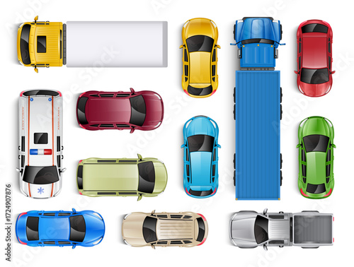 Top view vector illustration of multiple vehicles including cars, trucks, and ambulance