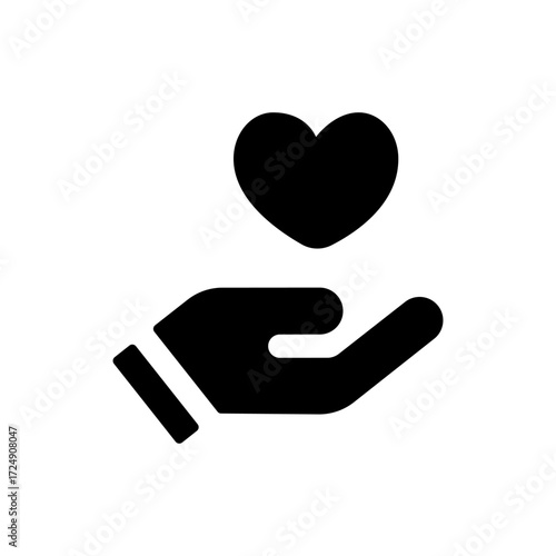 A clean and simple graphic icon showing a hand holding a heart, symbolizing love, care, compassion, and support for well-being, health, and community initiatives