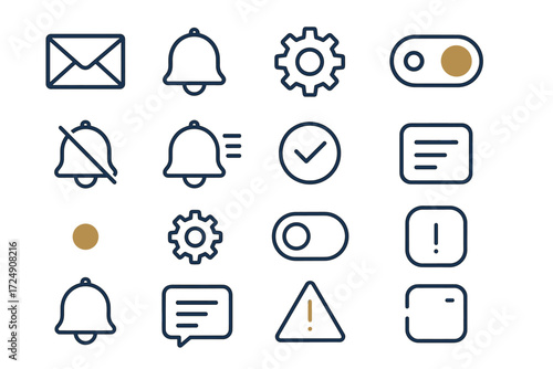 Set of minimalist notification and settings icons with toggles and alerts