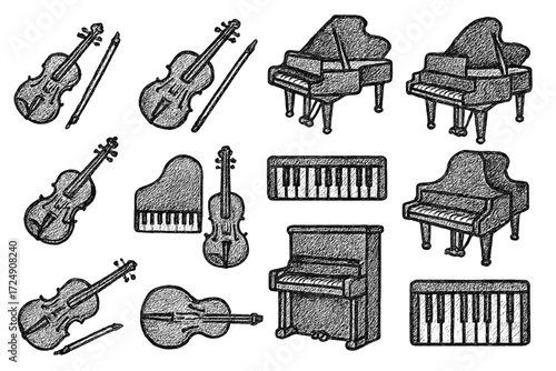 Hand-drawn musical instruments sketch: violins, cellos, pianos, keyboards