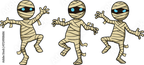 Cartoon mummy characters, playful Halloween illustration, cute Egyptian mummy design, spooky costume art, funny dancing mummies, glowing eyes, fantasy monster clipart, festive holiday artwork