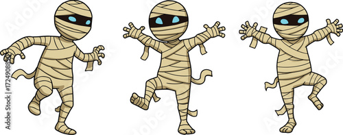 Cartoon mummy characters, Halloween mummy illustration, spooky mummy clipart, cute mummy drawing, ancient Egypt mummy art, funny mummy costume design, glowing eyes mummy artwork