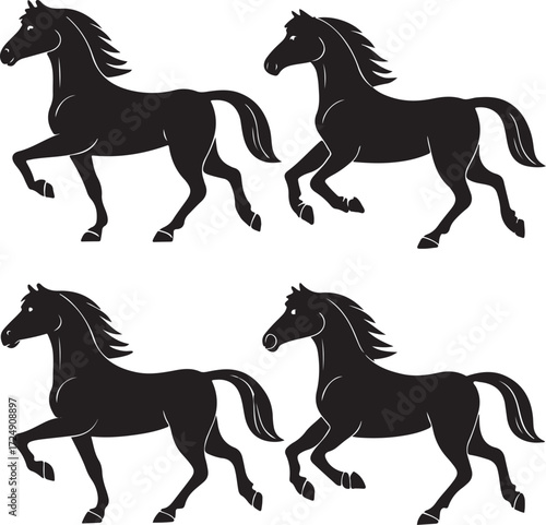 Four Black Silhouette Horses In Motion animal