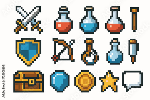 Pixel art rpg game icons: swords, potions, shield, bow, chest, coins, star