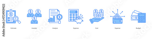 Capital Growth Planning blue banner web icon set vector illustration concept with icon of estimate, investor, analysis, expense, cost, expense, budget