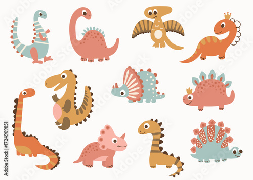 Cute set with dinosaur pattern on white background