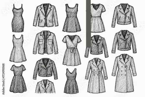 Hand-drawn sketches of dresses and jackets: fashion design elements collection
