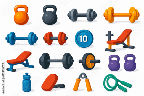 Colorful gym equipment collection: kettlebells, dumbbells, benches, weights, and more